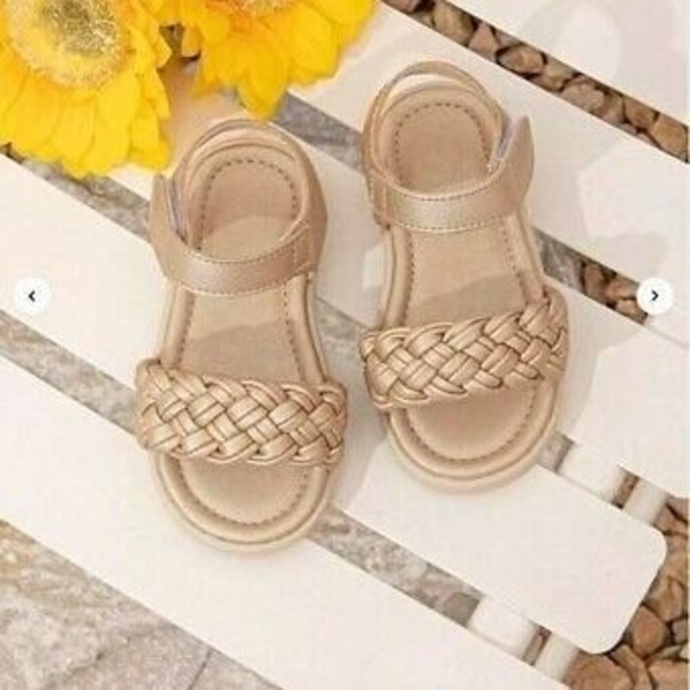 NEW Girls' Braided Detail Hook-and-Loop Fastener Ankle Heeled Sandals | Gold